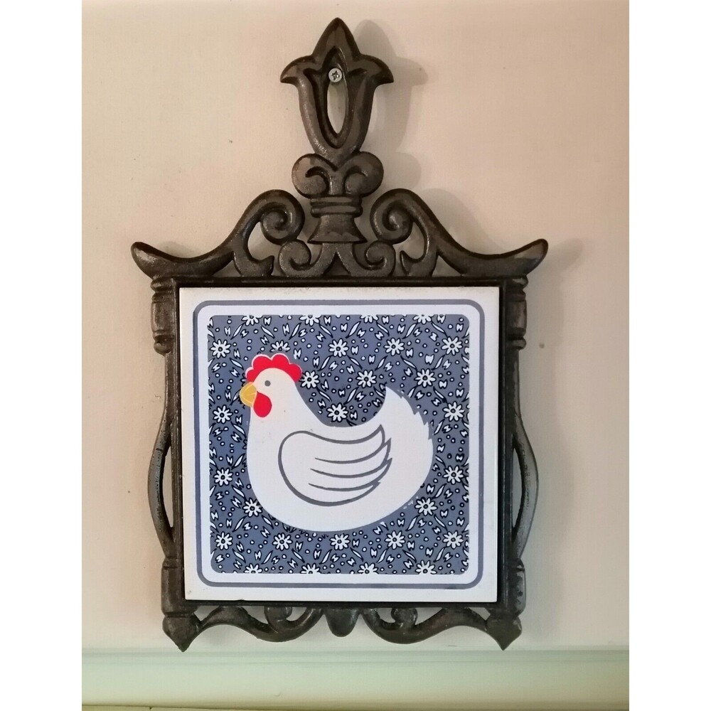 Vintage 2 Cast Iron Framed Tile Rooster & Lamb Trivet Blue Cottage